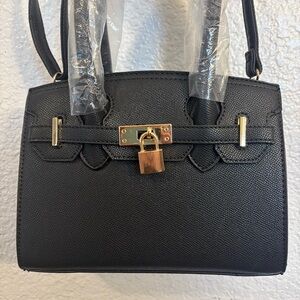 Black Structured Top Handle Satchel Handbag Women Faux Leather Gold Lock